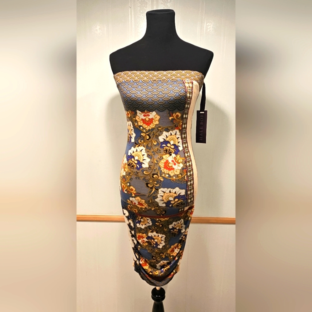 New HALE BOB Geo Print Adj. Gathered Sides Fitted Tube Top Stretch Midi Dress S